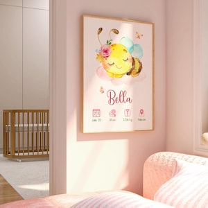 Natalicio abeja bebe niña, personalisatie, dormitorio de bebe niña, anuncio de nacimiento, bonito regalo de nacimiento para bebé.