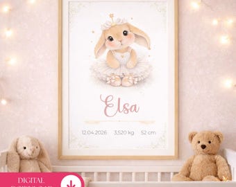 May include: A framed print featuring a watercolor illustration of a bunny wearing a tutu and a crown. The name "Elsa" is written below the image, along with the date, weight, and height. The print is surrounded by a wooden frame.