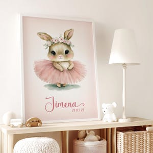 Dulce mina de conejita rosa, natalicio para bebé, arte pared dormitorio para niñas, cuadro personalizado mit nombre, regalo nacimiento.