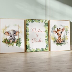 Set 3 carteles columpio de animales, láminas personalizadas de hermanas, estampado animales selva, jirafa elefante, arte de pared para niñas
