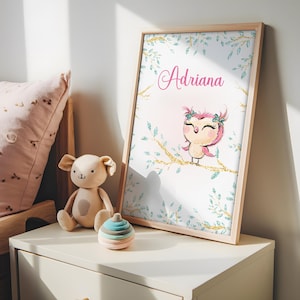 Lámina niña personalizada nombre, cuadro búho niña, natalicio kindil, decoracion heraus garderobe, dormitorio niña, regalo nacimiento bebé.