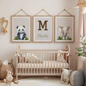 Set 3 Kinderbabys Panda, Elefante, Cuadro Personalizado Niño Tiere, Dormitorio Bebé, Arte Guarderia.