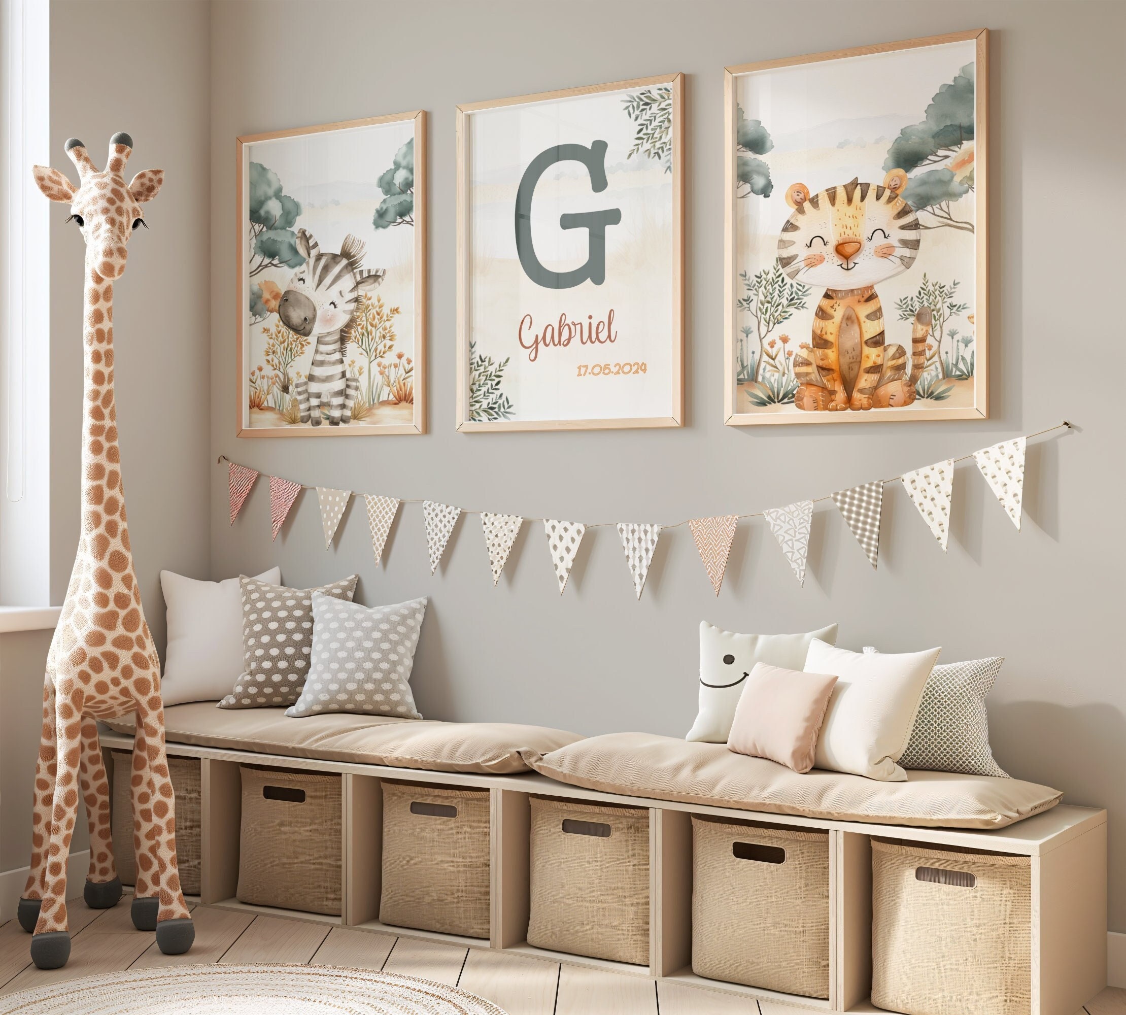 Safari Nursery Prints Set of 3, Custom Name Art