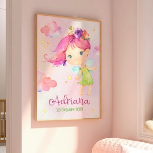 Lindo cartel personalizado de hada, lámina de nacimiento de niña, impresión con nombre niña, regalo de nacimiento temática cuento de hadas.