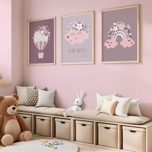 Conjunto láminas kindiles niña, globo, nube, arco iris, cuadro personalizado niña, decoracion dormitorio niña, arteguarderia, natalicio.