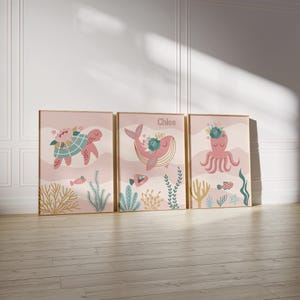 Estampados de Guarderia de océano rosa, Arte pared de Guarderia de Niña mar, Kinderpuppen mit dem Namen del Bebé, Dormitorio Bebé Niña