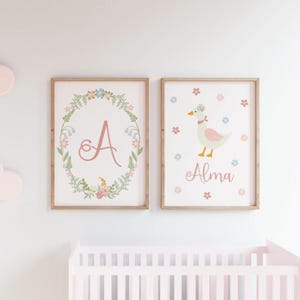 Duck Nursery Print: Floral Initial, Pastel Girl Room Decor