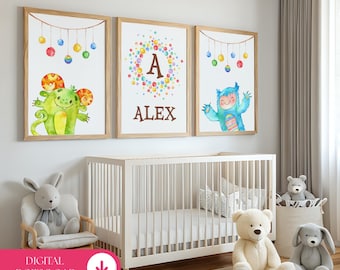 Personalized Monster Nursery Printable Set of 3 – Custom Name Wall Art | Kids Room Decor Digital Download