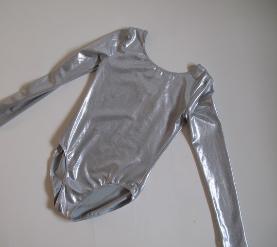 Metallic Silver Long Sleeve Shimmery Leotard | Da… - image 1