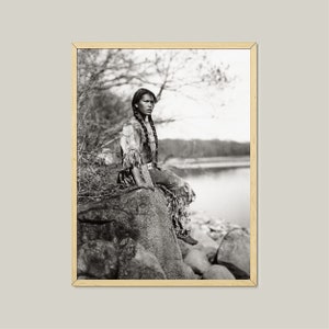 Indigenous Art Decor-Ponemah Girl Sitting On The Rock-Native American Indian Women Poster-Feminist Friend Gift-Vintage Wall Art-Home Decor