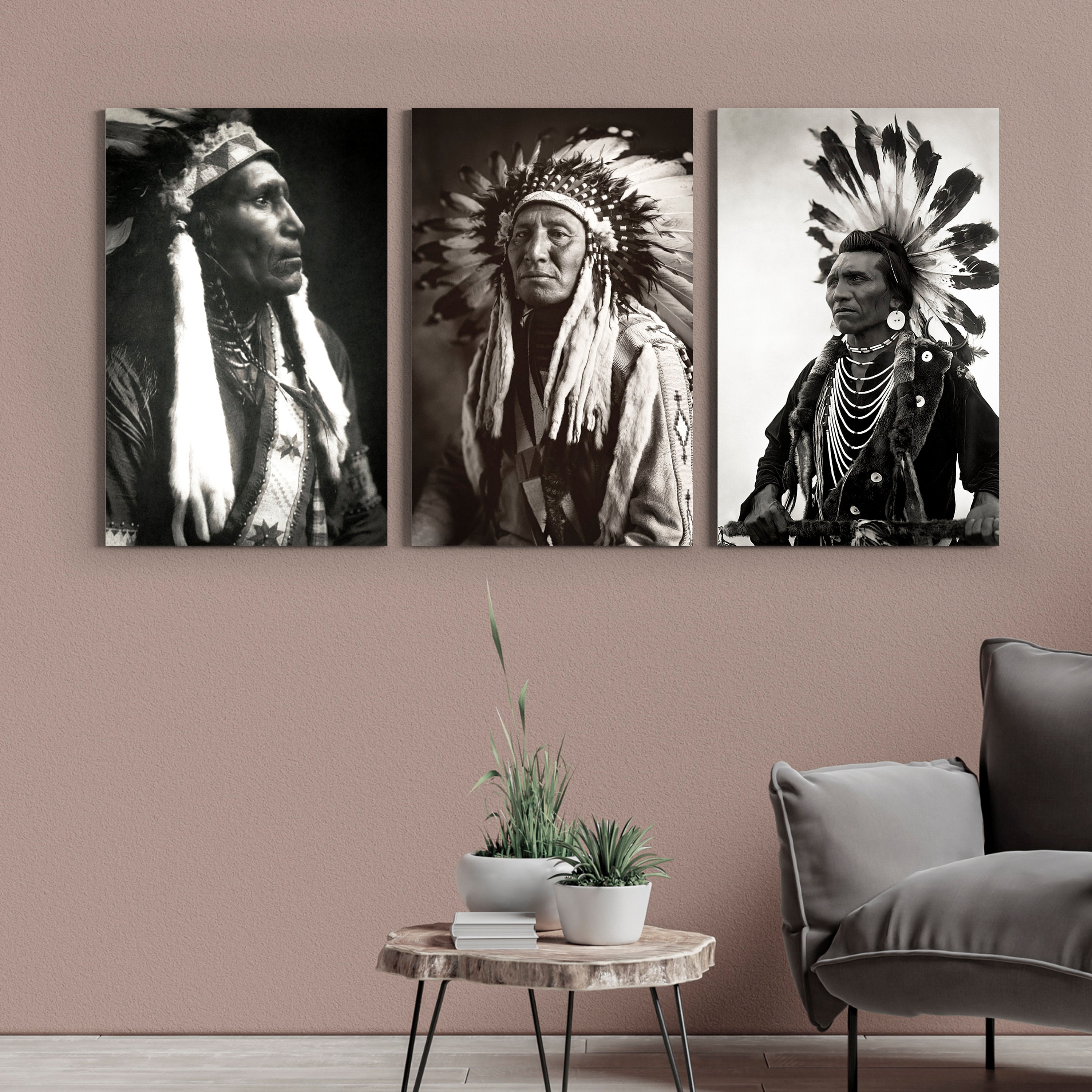 Set of 3 Native American Indian Wall Decorblack White Photo Artold