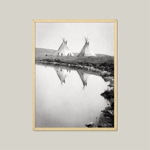 At The Water&#39;s Edge Piegan Tribe Scene Photograph-Native American Indian-Indigenous People-Vintage Wall Art-Printable-Sepia-Wild West