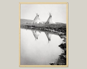 At The Water&#39;s Edge Piegan Tribe Scene Photograph-Native American Indian-Indigenous People-Vintage Wall Art-Printable-Sepia-Wild West