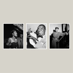 Conjunto de 3 leyendas del jazz: Louis Armstrong vintage, Billie Holiday y Ella Fitzgerald, póster de jazz, impresiones de jazz, descarga digital, fotografía de arte mural