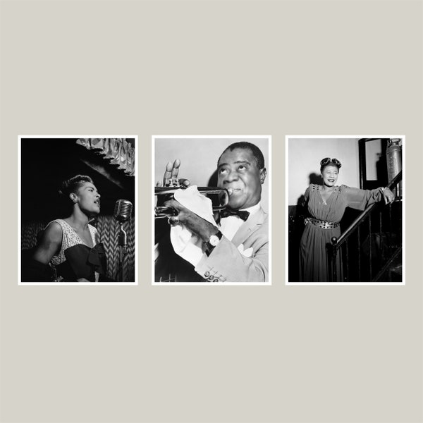 Set of 3 Jazz Legends-Vintage Louis Armstrong-Billie Holiday-Ella Fitzgerald-Jazz Poster-Jazz Prints-Digital Download-Wall Art Photography