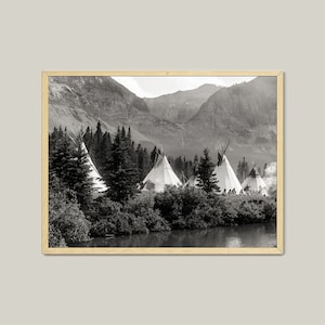 Cutbank Blackfoot American Indian Camp-Wild West Photo-Digital Download-Vintage Wall Art-Printable-Old West-Black And White
