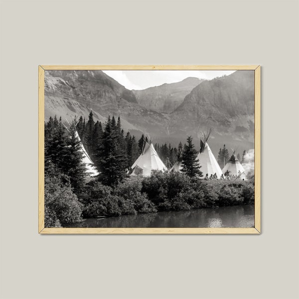Cutbank Blackfoot American Indian Camp-Wild West Photo-Digital Download-Vintage Wall Art-Printable-Old West-Black And White