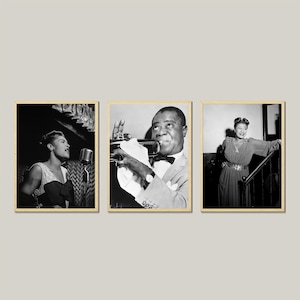 Set of 3 Jazz Legends-Vintage Louis Armstrong-Billie Holiday-Ella Fitzgerald-Jazz Poster-Jazz Prints-Digital Download-Wall Art Photography
