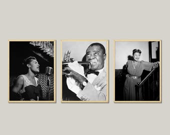 Set of 3 Jazz Legends-Vintage Louis Armstrong-Billie Holiday-Ella Fitzgerald-Jazz Poster-Jazz Prints-Digital Download-Wall Art Photography