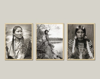 Conjunto de 3 mujeres nativas americanas arte-arte fotográfico en blanco y negro-regalo feminista-foto antigua-arte de pared-regalo nativo americano-muro nativo americano