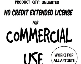 Puede incluir: Texto en blanco y negro sobre un fondo blanco. El texto dice "PRODUCT QTY: UNLIMITED NO CREDIT EXTENDED LICENSE FOR COMMERCIAL USE WORKS FOR ALL ART SETS!"