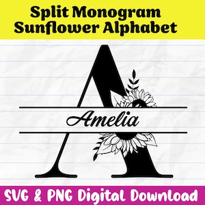 Arquivo PNG do alfabeto de monograma dividido de girassol para Cricut, monograma de letra dividida, download instantâneo