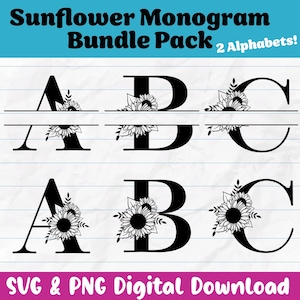 Sunflower Monogram Alphabet Bundle  SVG PNG file for Cricut, Split Monogram and Regular Monogram, Instant Download