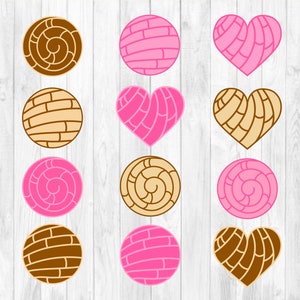 May include: A set of 12 digital cut files featuring a traditional Mexican sweet bread, the concha, in both round and heart shapes. The designs are in pink and brown with a swirl pattern.