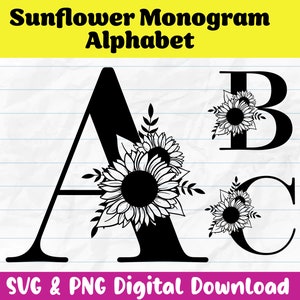 Sonnenblume, Monogramm, Alphabet, Vektor SVG und PNG Cricut-Datei, Blumenalphabet svg, geteiltes Buchstaben-Monogramm, digitaler Download