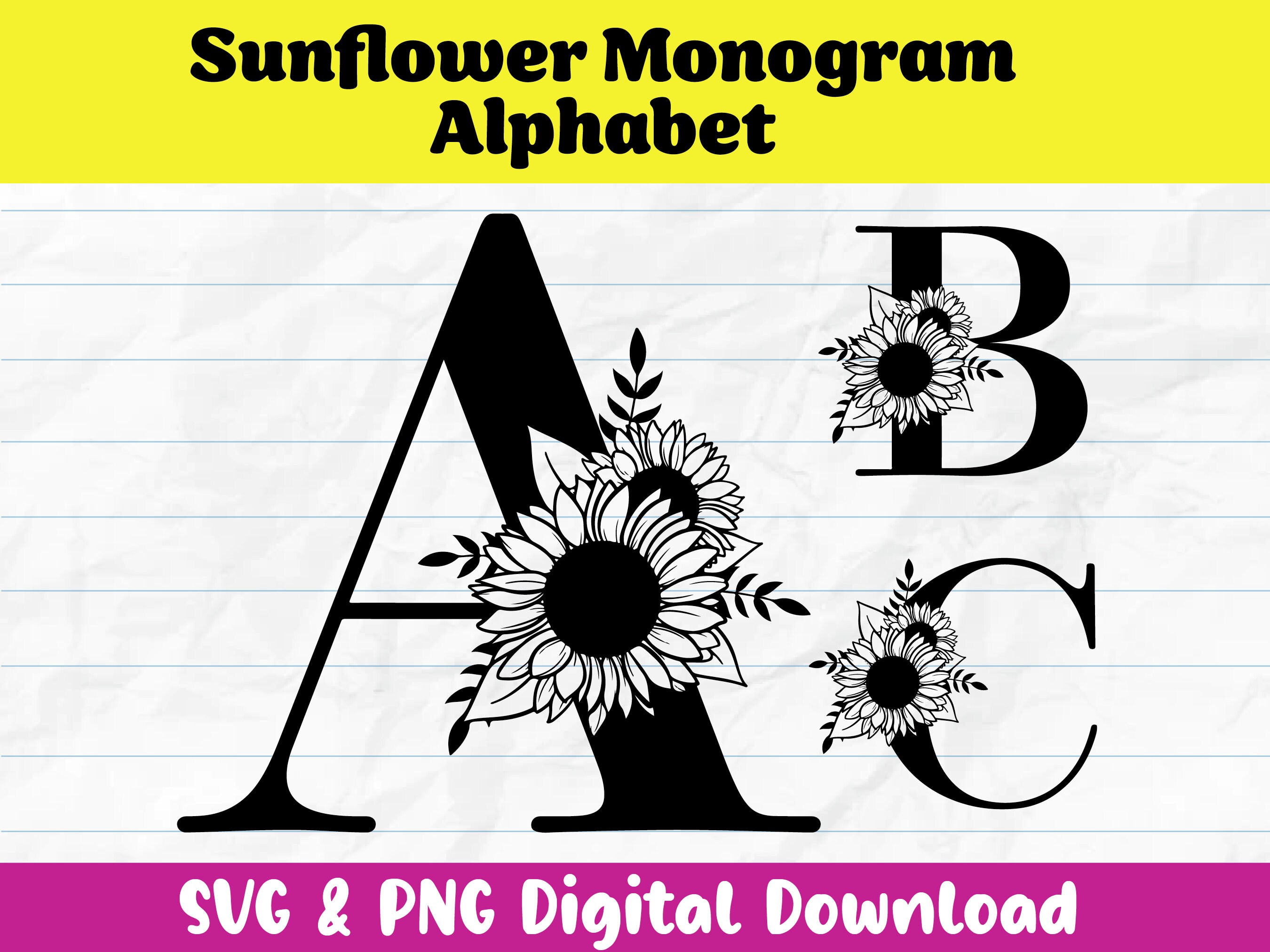 Sunflower Monogram Alphabet Vector SVG and PNG Cricut File, Floral
