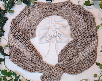 Patrón de crochet con mangas abullonadas con guantes, bolero de crochet y encogimiento de hombros