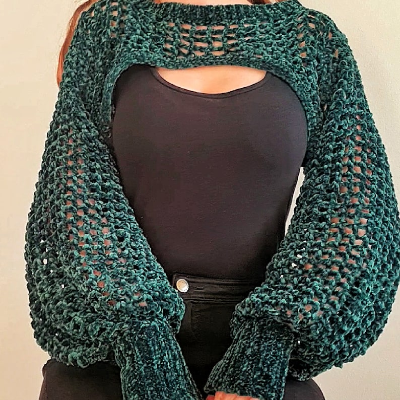 green velvet crochet sleeves, green velvet bolero, green velvet shrug