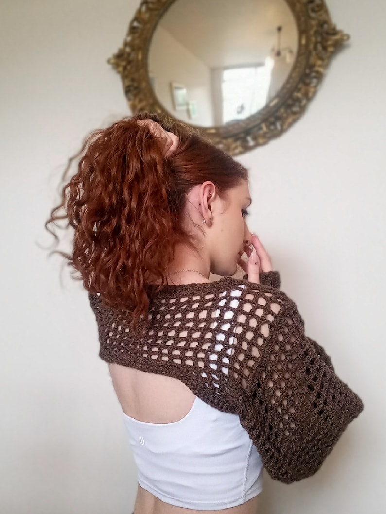 brown crochet sleeves, brown crochet bolero, brown crochet shrug