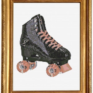 May include: A black roller skate with pink wheels. The skate has a black leather boot with laces and a metal buckle. The wheels are made of a hard plastic and have a pink color.