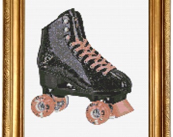 May include: A black roller skate with pink wheels. The skate has a black leather boot with laces and a metal buckle. The wheels are made of a hard plastic and have a pink color.