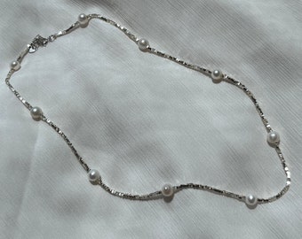 Collar de perlas naturales de plata de 44 cm (perlas de agua dulce) Collar de perlas