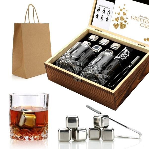 Whiskey Stones&Glasses Set,Granite Ice Cube for Whisky,Whisky Chilling Rocks in Wooden Box,  gifts for men who have everything,free shipping