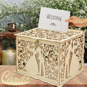 Presentes de casamento de madeira, caixas de cartão com cadeado, padrão de flor de casal Mr&Mrs, cartões de sinal de envelope, caixa de madeira, suprimentos de casamento, caixas de presente vazias
