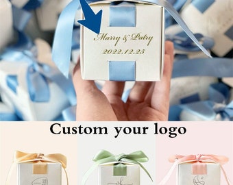 Confezione regalo in cartone bianco, confezione a nastro, bomboniera, logo personalizzato di supporto, confezione regalo personalizzata, regalo di nozze per gli ospiti, scatola personalizzata