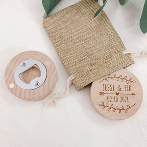 Personalized Wedding Favour, Engraved Wooden, Wedding Fridge Magnet, Beer Bottle Opener, Wedding Guest Souvenir, Gift With Burlap Bag, Tags