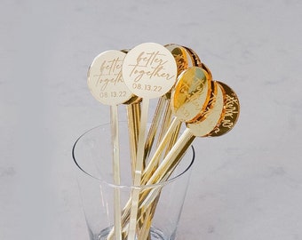 50 Personalized Round Stirrers, Wedding reception, Bachelorette Party, Baby Shower, Bridesmaid gifts ideas, Birthday party, Drink stirrers