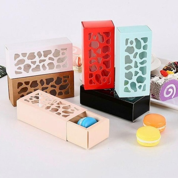 10pcs Hollow Macarons Biscuit Box Long, Cake Nougat Box, Chocolate Paper Gift Box, Wedding Birthday Party Box, petit coffret cadeau, livraison gratuite