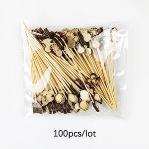 Może przedstawiać: Przezroczysty plastikowy worek wypełniony 100 drewnianymi szaszłykami z r&oacute;żnymi kształtami owoc&oacute;w i warzyw na końcach. Tekst "100pcs/lot" jest nadrukowany pod workiem.