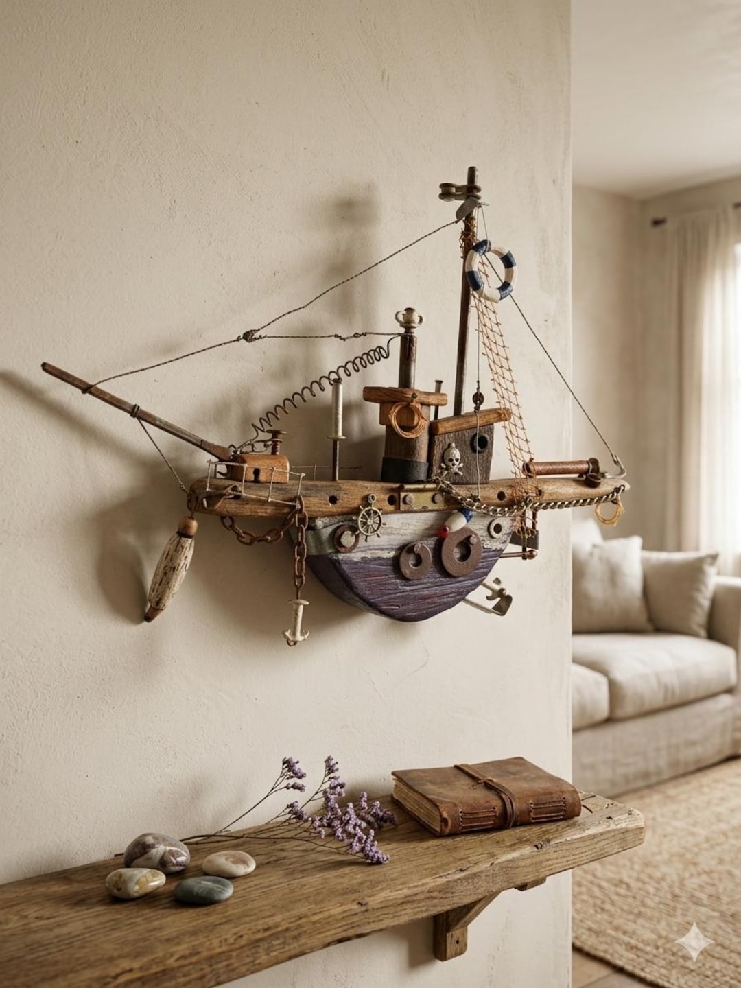 Handmade Driftwood Sailing Boat Wall Art - Rustic Coastal Fishing ...