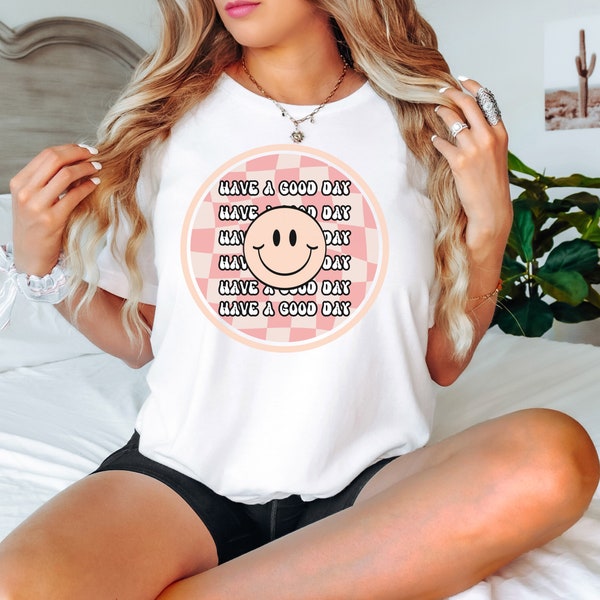 Retro Checkered Smile Face Shirt, Have A Good Day, Smiling Happy Face Checkered Pattern Shirt, Retro Shirt Women, Retro Groovy Smile,