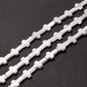 9.5x7mm Natural Mother of Pearl Cross Beads 15.5&quot; Strand, Iridescent Hand Carved Natural White Shell Cross Beads, Natural White MOP Beads