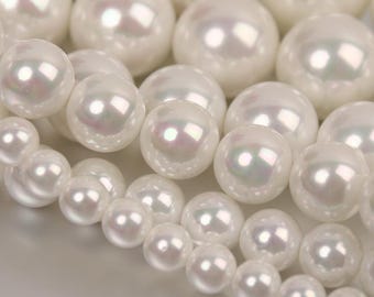 Cuentas redondas de perlas blancas brillantes de 10, 8 y 6 mm, tira de 15,5 pulgadas, perlas sueltas blancas AB para hacer joyas, cuentas de nácar, bricolaje.