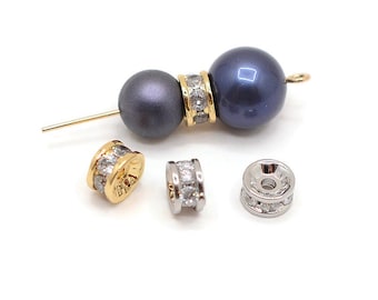 2 pcs, 6mm Gold spacer beads, Silver/Gold Rhinestone Rondelle Crystal Loose Round Spacer, Bracelet beads, Jewelry making beads, Small beads
