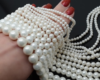 Cuentas redondas de perlas blancas de concha, hebra de 15,5" (4, 6, 8, 10, 12 mm), cuentas de perlas blancas sueltas, cuentas de nácar, perlas de grado A, perlas de imitación.