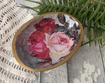 Floral hand decorated decoupage painted jewellery trinket dish.